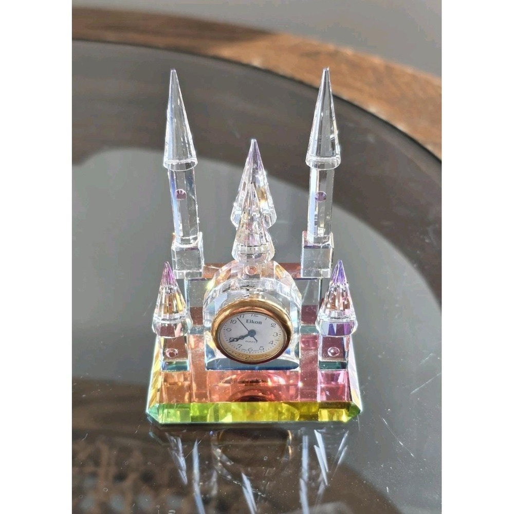 Eikon Miniature Crystal Castle Clock Rainbow Dichroic Cinderella Style Glass 4.5